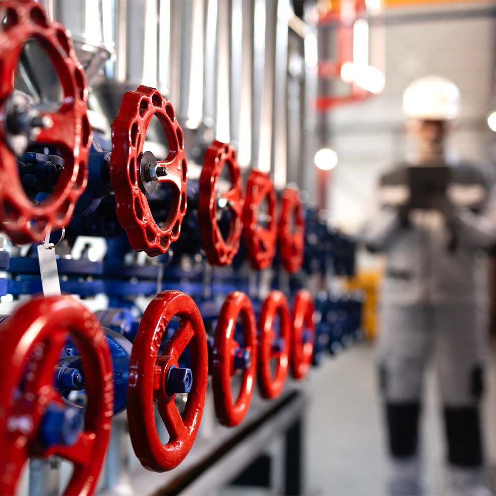 Row of red industrial valve wheels mounted on blue piping inside a mechanical room, with equipment and hallway blurred in the background.